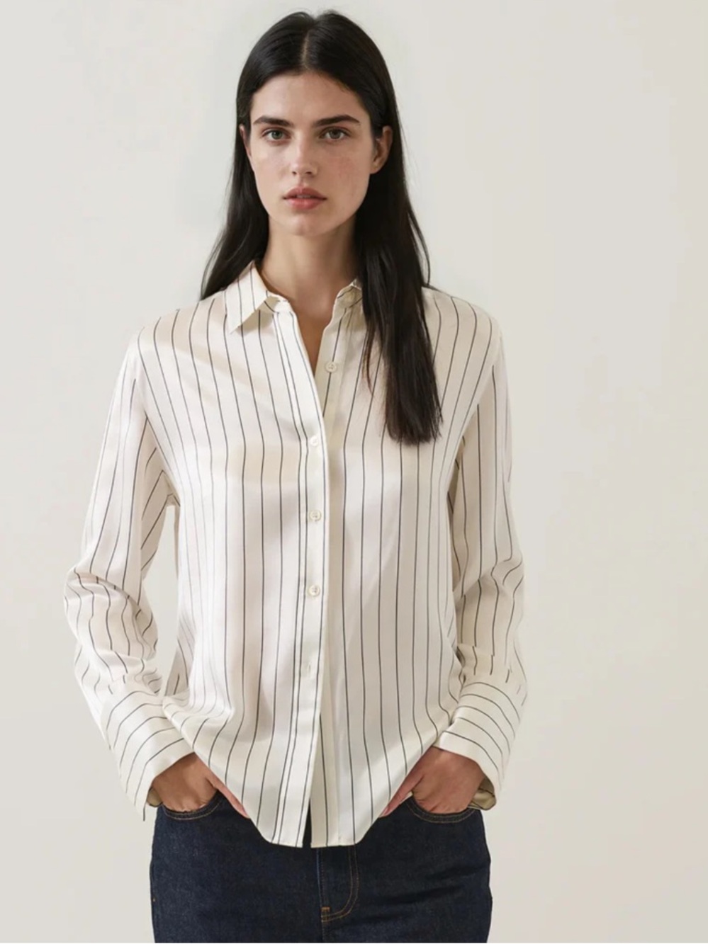 Peserico Silk White Shirt with Navy Stripes